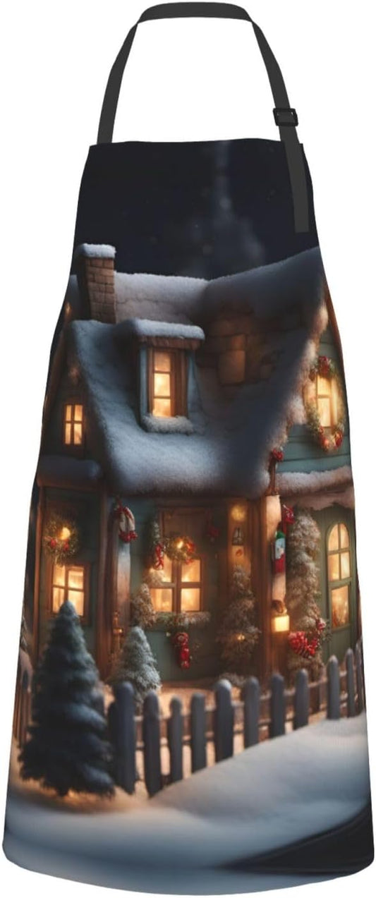 Christmas Village House 4 print Waterproof chef's apron with pocket apron for kitchen cooking baking barbecue and gardening