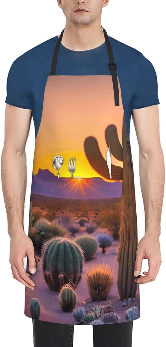 YANYU Cactus Desert Sunsets Print 28x33 In Kitchen Apron Stylish Chef Apron with Pockets for Cooking Baking Painting