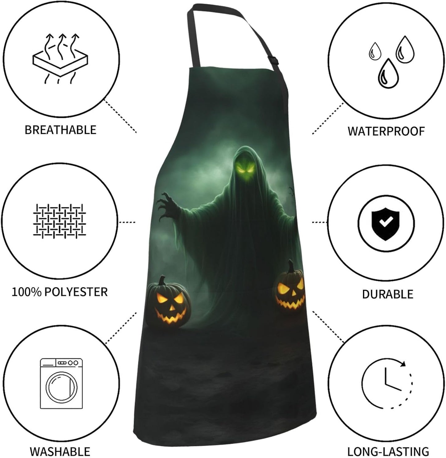 Green Ghost Horror Halloween Pumpkin print Waterproof chef's apron with pocket apron for kitchen cooking baking barbecue and gardening