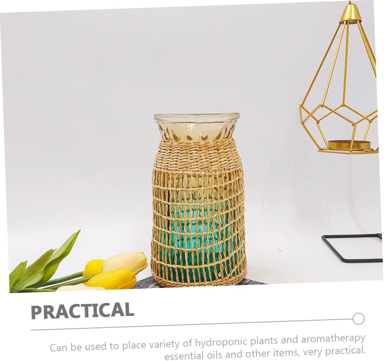 BESTOYARD 2pcs Rattan Woven Glass Flower Vase Set, Wide Mouth Desktop Vase, Decorative Planter Pot for Home and Office Décor, Blue and Burgundy Color, Boho Style