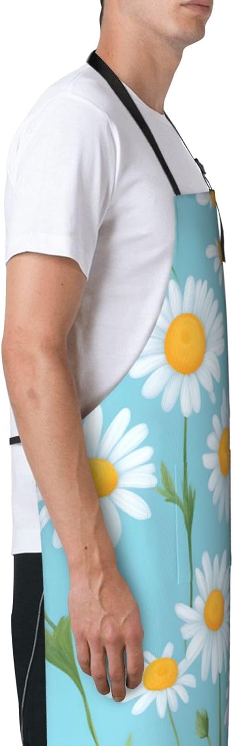 White Daisy in Light Blue Background print Waterproof chef's apron wit