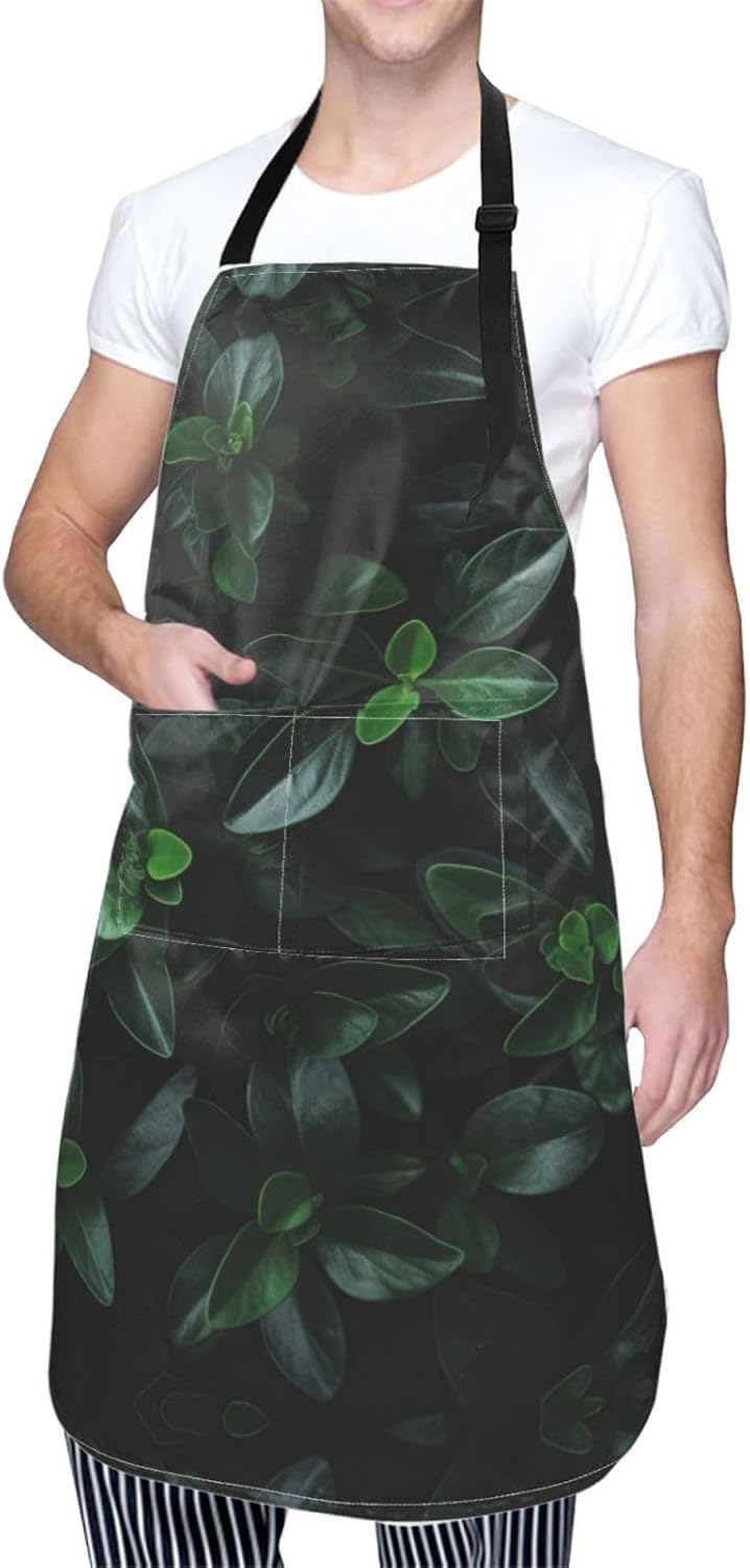Green Long Leaves print Waterproof apron with pocket adjustable cooking apron for adult kitchen bibs to bake