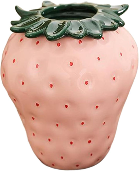 Strawberry Vase, Ceramic Strawberry Pot, Funky Strawberry Planter Pot with Detachable Leaf, Decorative Unique Flower Vase for Home Office Kitchen Garden Decor.
