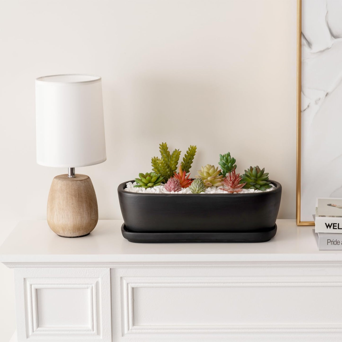 MyGift 14 Inch Oval Modern Matte Black Ceramic Succulent Planter Pot w