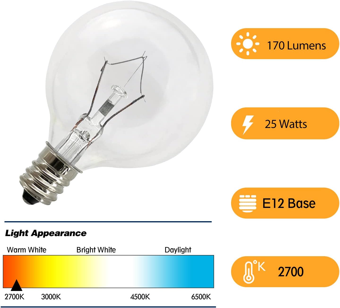 Wax Warmer Bulbs 6 Pack, G50 25 Watt Light Bulbs for Full Size Scentsy Warmers, E12 Base G16.5 Globe Clear scentsy Bulb for Candle Wax Warmer, Long Lifespan, 120 Volt