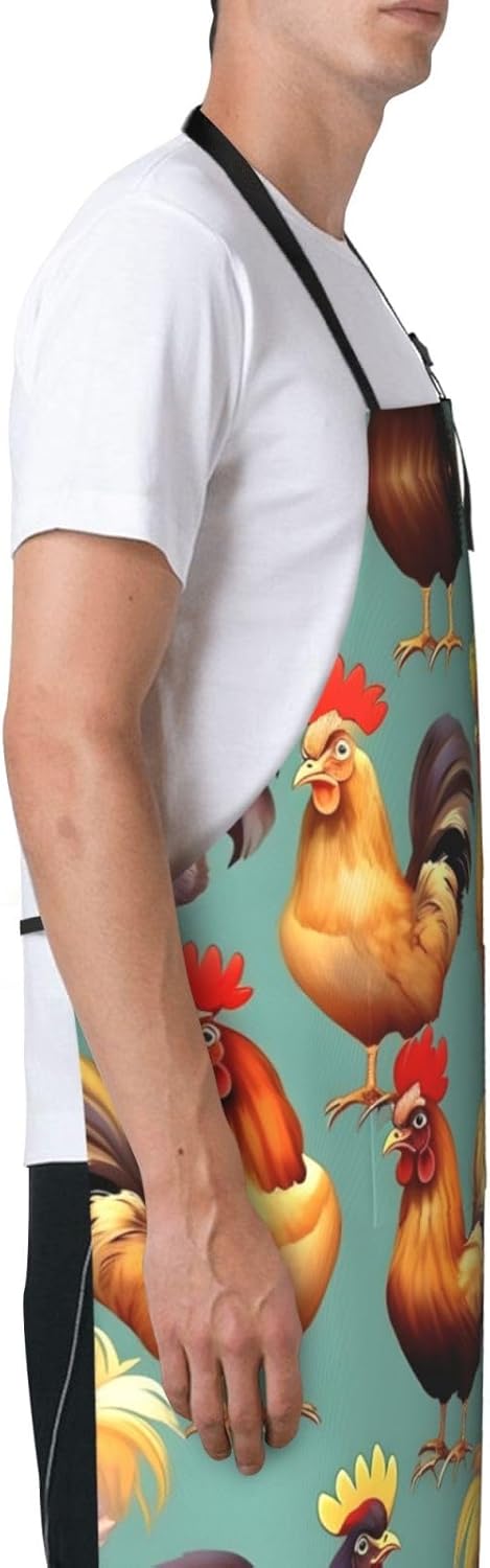 Cute Rooster Chickens Print Laundry apron 28x33 In Waterproof Kitchen Apron with Pockets for Cooking Baking