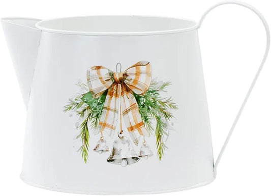 Napco Holiday Plaid Bow & Bells Metal Pitcher - Decorative Christmas Planter Pot 6 Inch Tall White Farmhouse Style Flower Vase for Festive Home Décor