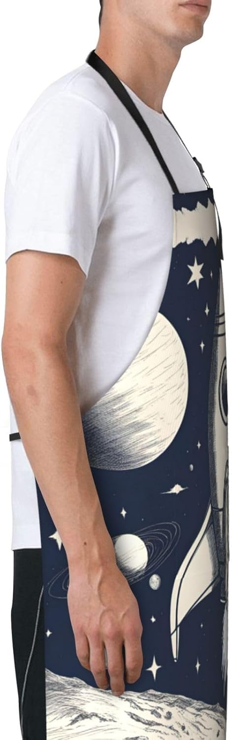 Rocket in Space print Waterproof chef's apron with pocket apron for ki