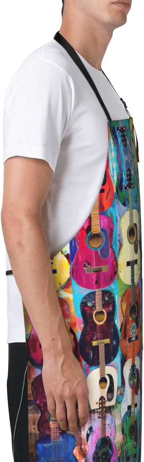 Color Acoustic and Guitars print Waterproof chef's apron with pocket a