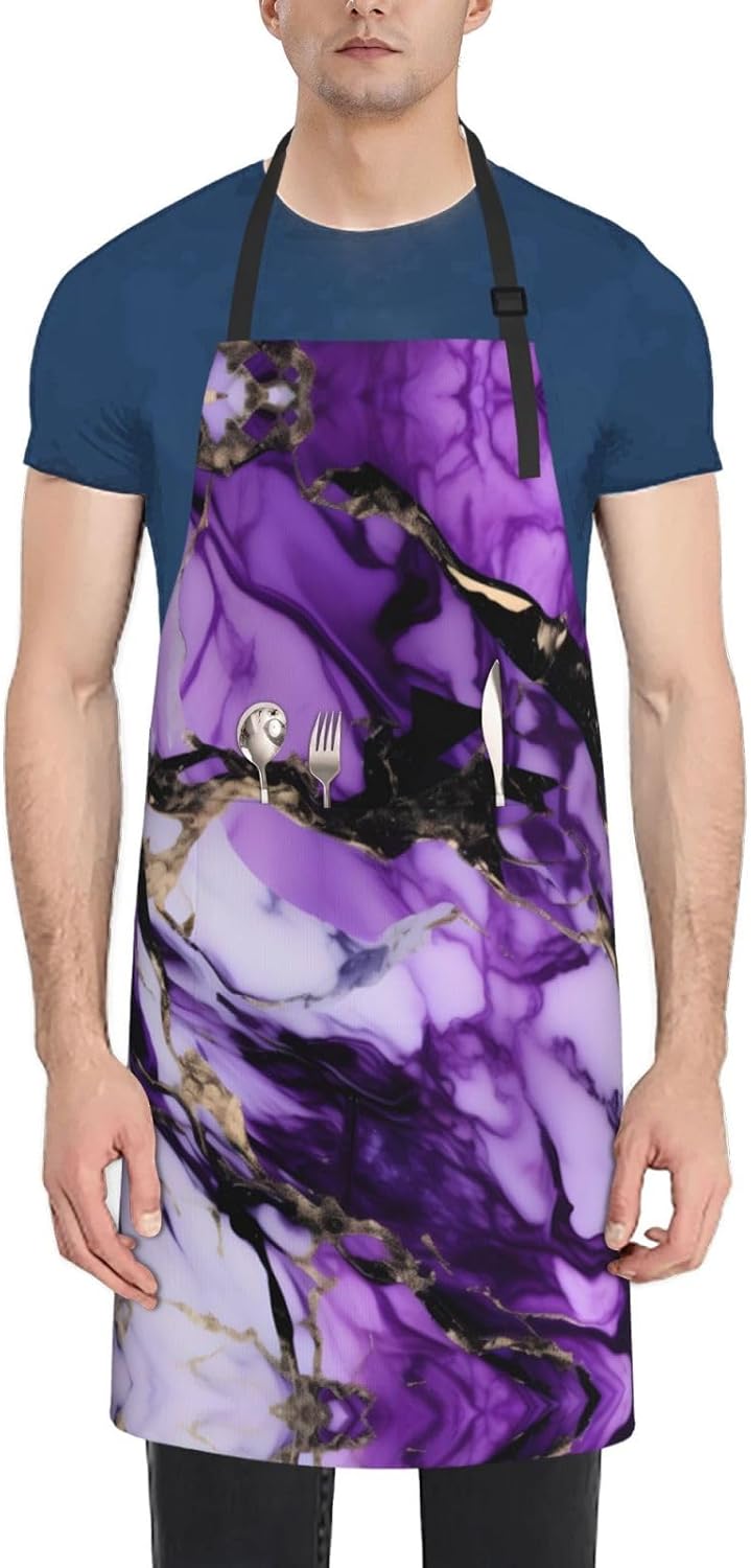 purple marble print Waterproof apron with pocket adjustable cooking ap