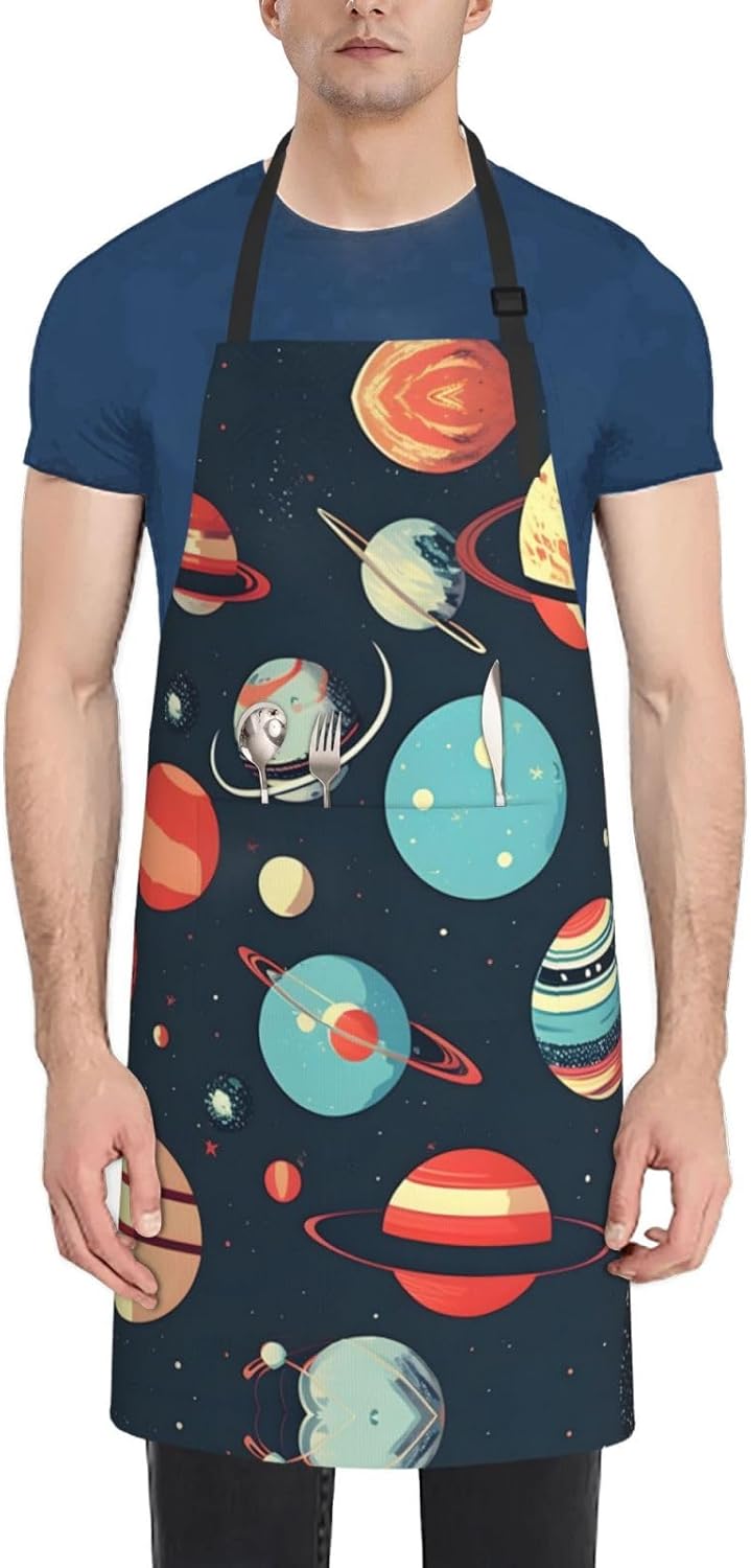 Outer Space Planet Print Laundry apron 28x33 In Waterproof Kitchen Apron with Pockets for Cooking Baking