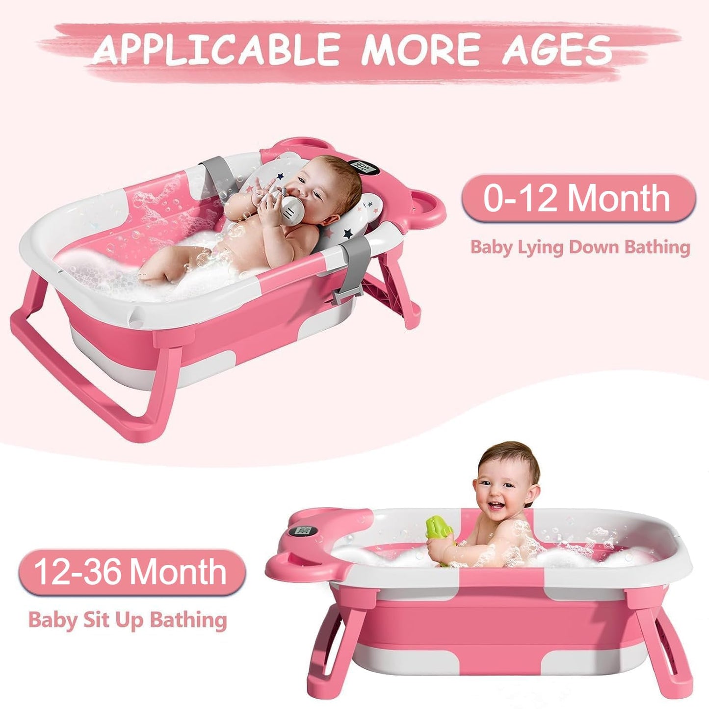 TPN Collapsible Baby Bathtub, Baby Bath Tub with Soft Cushion & Real-T
