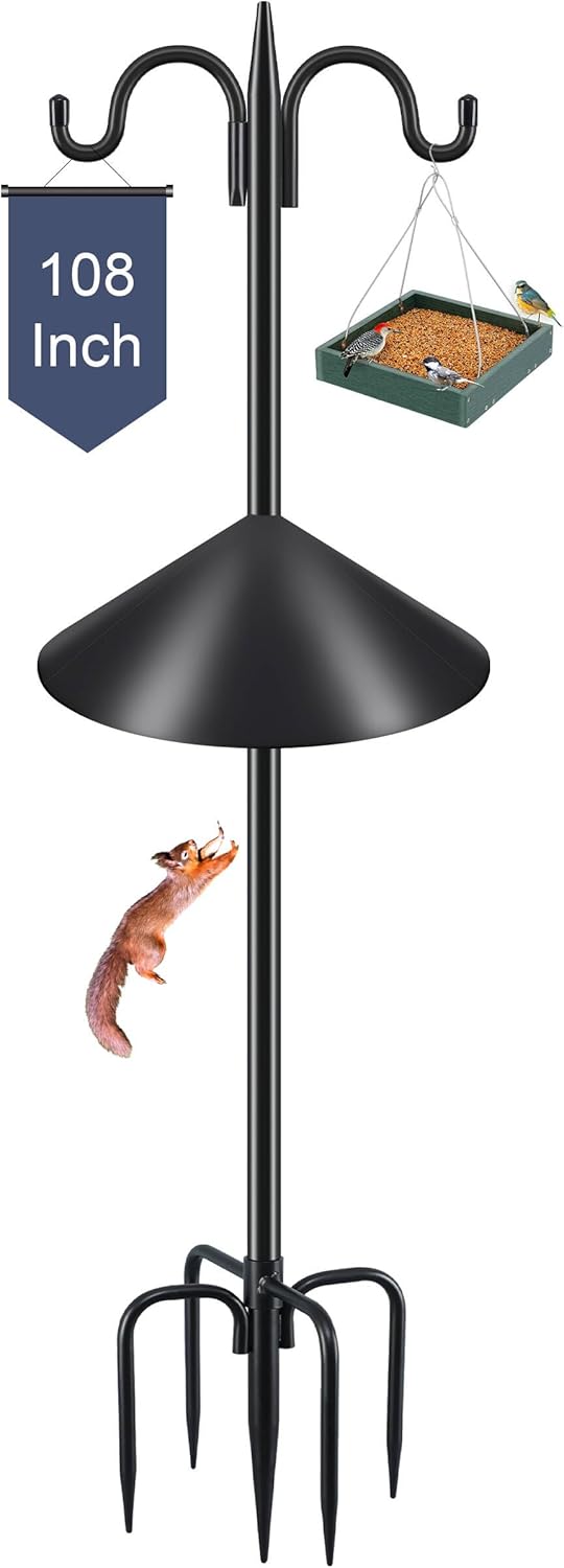 Gtongoko Bird Feeder Pole Squirrel Proof, 108 Inch Double Shepherds Hook for Outdoor with Squirrel Baffles Adjustable Heavy Duty with 5 Prongs Base for Hanging Plants, Bird Feeders, Black
