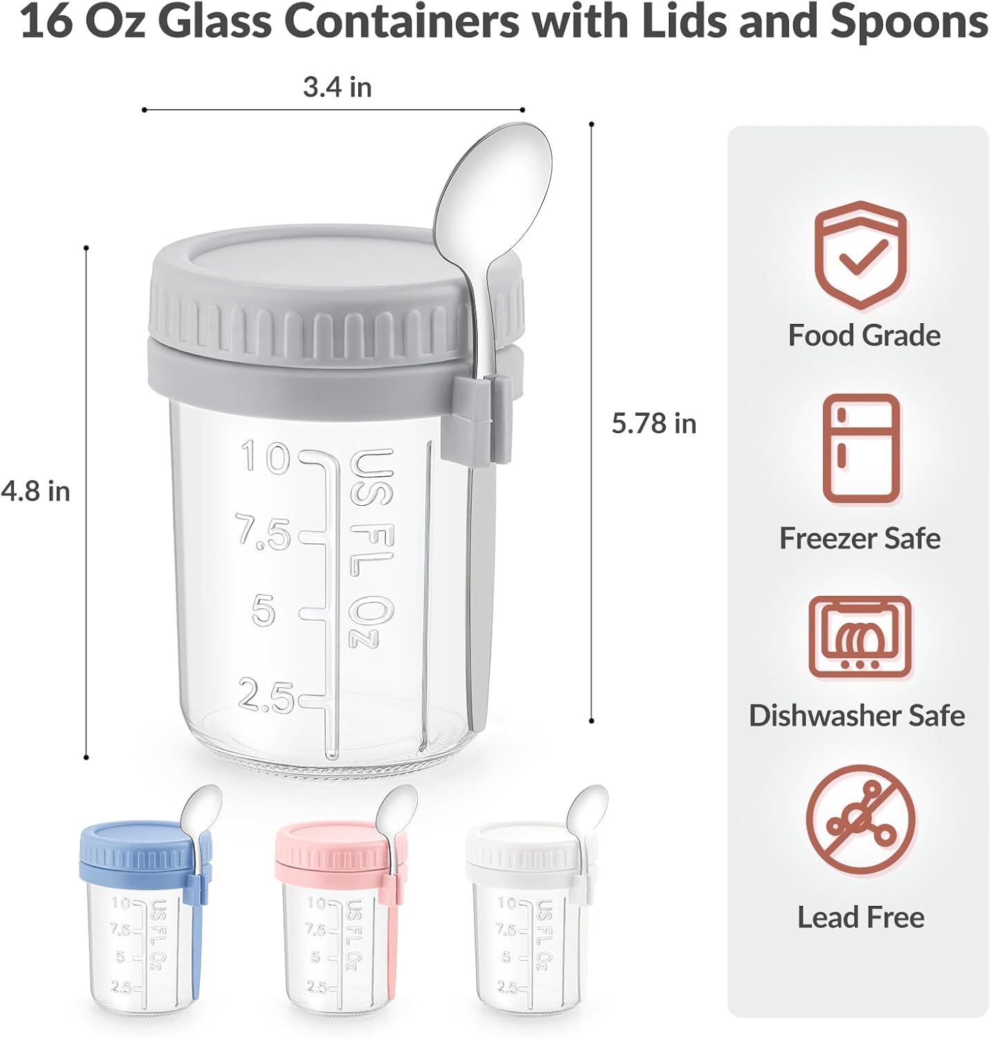 4 Pack Overnight Oats Containers with Lids and Spoons - DRKIO 16 Oz Gl