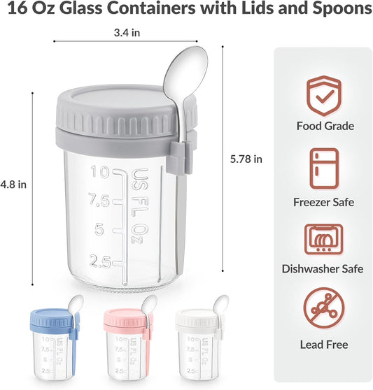 4 Pack Overnight Oats Containers with Lids and Spoons - DRKIO 16 Oz Gl