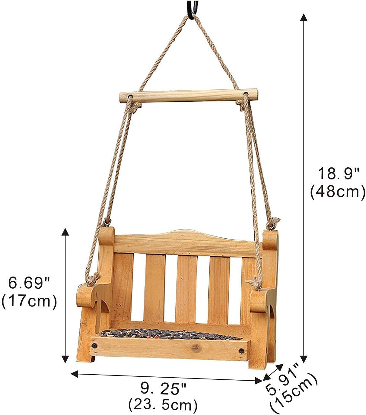 2pk Cedar Swing Birdfeeder,Traditional Regency Seat Style, Solid Wood Hand Curve Cutting, Rustic Proof Metal Mesh Tray, Bird Feeder for Outside, BJD Dolls Swing