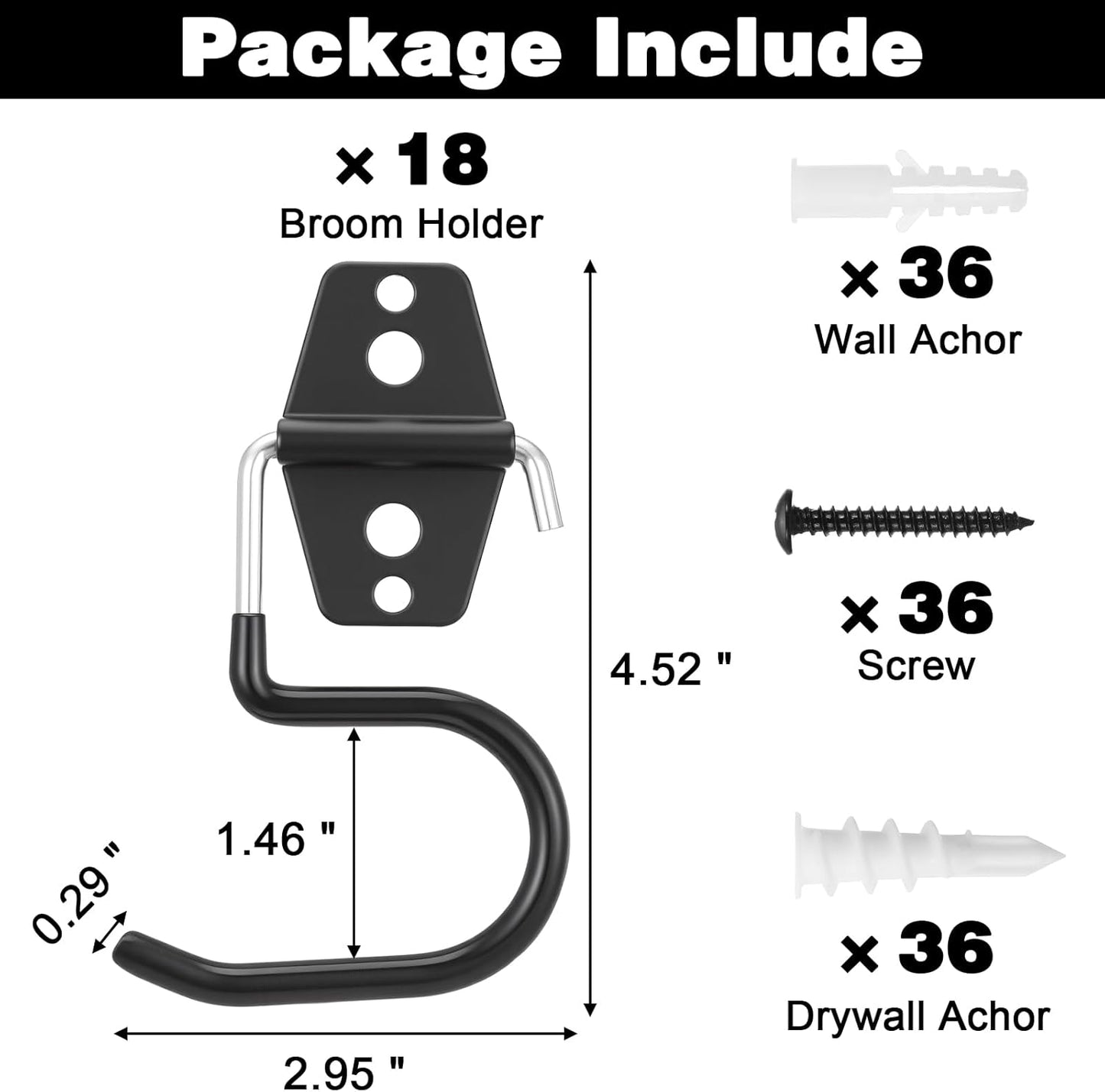 18 Pack Broom Holder Wall Mount - Tool Hangers Garage Wall Hanging Organizer - Heavy Duty Metal Large S Hooks for Mop Shovel Rake Shed Garden Lawn Yard Handle Tools Organization (Black)