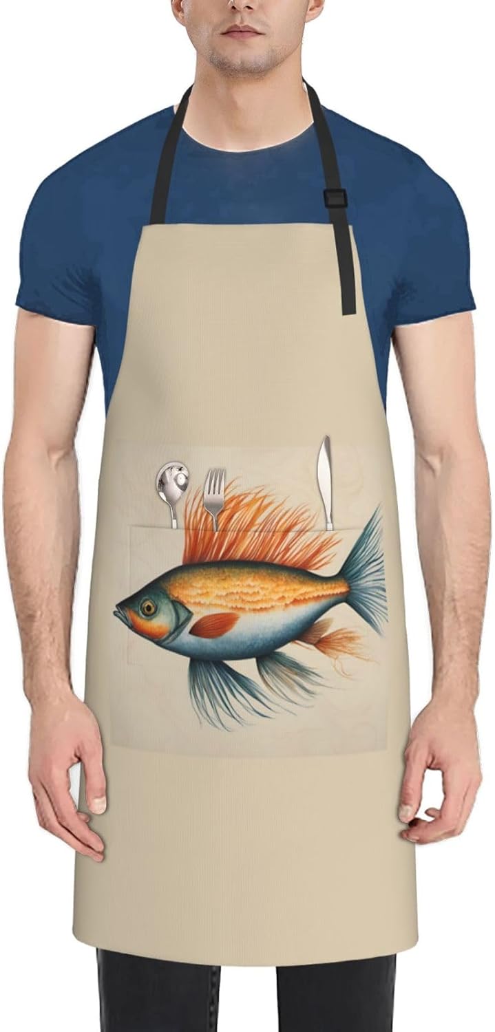 Safflower Flying Fish print Waterproof chef's apron with pocket apron for kitchen cooking baking barbecue and gardening