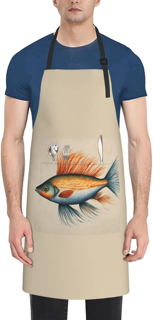 Safflower Flying Fish print Waterproof chef's apron with pocket apron for kitchen cooking baking barbecue and gardening