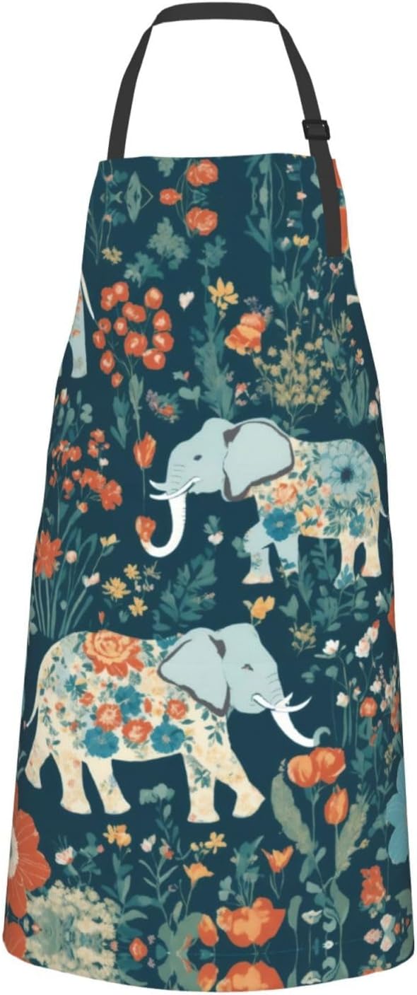 Gorgeous meadows pattern with floral elephant in Print Laundry apron 28x33 In Waterproof Kitchen Apron with Pockets for Cooking Baking