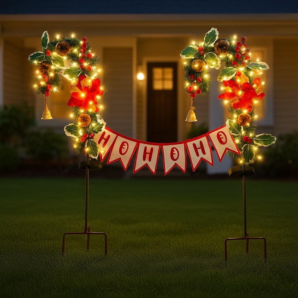 Solar Candy Cane Pathway Lights Outdoor, 2 Pack Solar Christmas Stakes with Poinsettia, Pinecones & Holly, Waterproof LED Yard Decorations, Solar Garden Lights for Walkway, Driveway & Holiday Decor