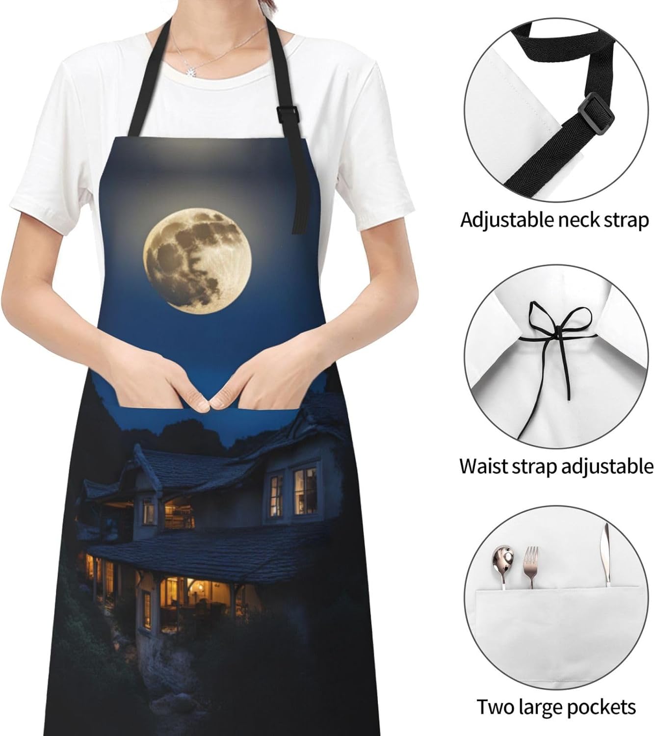 Full Moon in Night print Waterproof chef's apron with pocket apron for kitchen cooking baking barbecue and gardening
