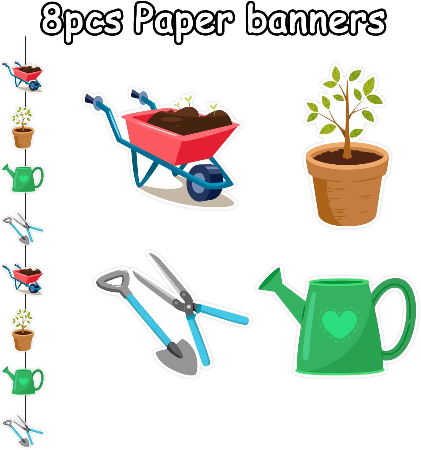JOYMEMO 8 Pcs Garden Tools Themed Garland Streamers - Gardening Tool Birthday Decorations for Boys Girls Women Men, Hanging Ceiling Decor Party Supplies