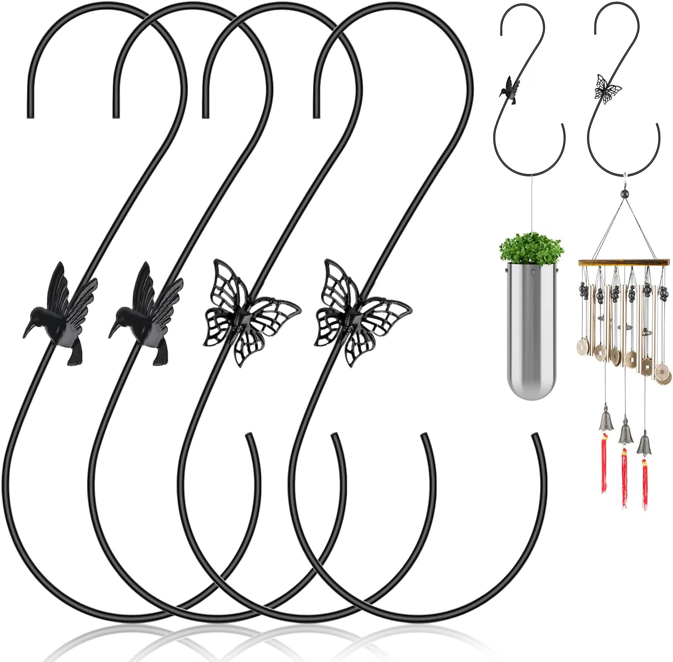4PCS Metal Hummingbird Feeder Hook,Stainless Steel Bird Feeder Hook Hanger 12-Inch,Tree Branch Hook,Metal Hanging S Hooks,Plant Hangers Outdoor for Hang Bird Feeder,Wind Chimes,Lanterns,Hanging Plants