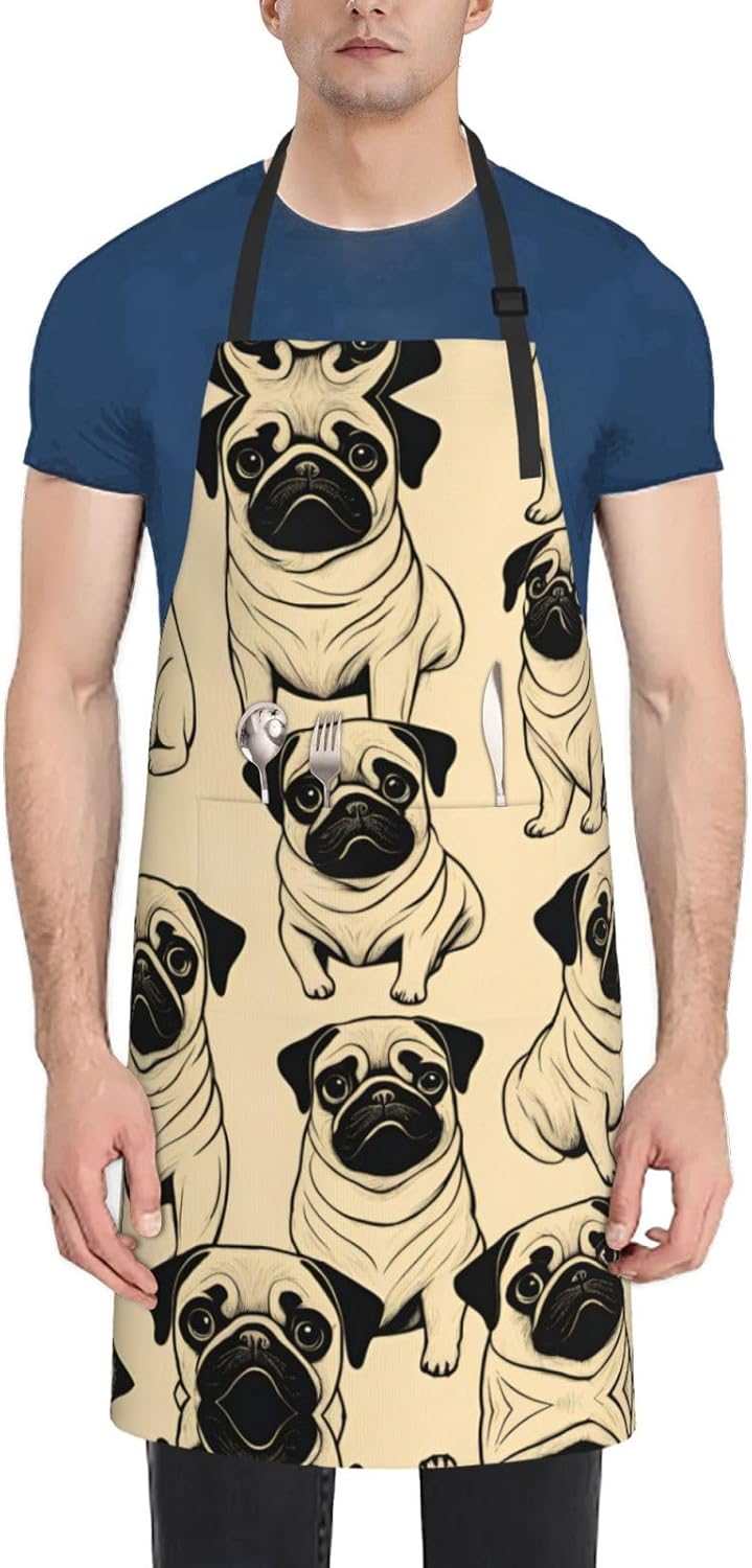 Cute Pug Dog print Waterproof chef's apron with pocket apron for kitch