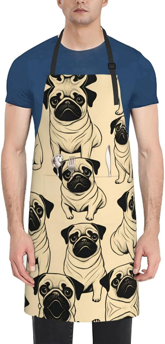 Cute Pug Dog print Waterproof chef's apron with pocket apron for kitchen cooking baking barbecue and gardening