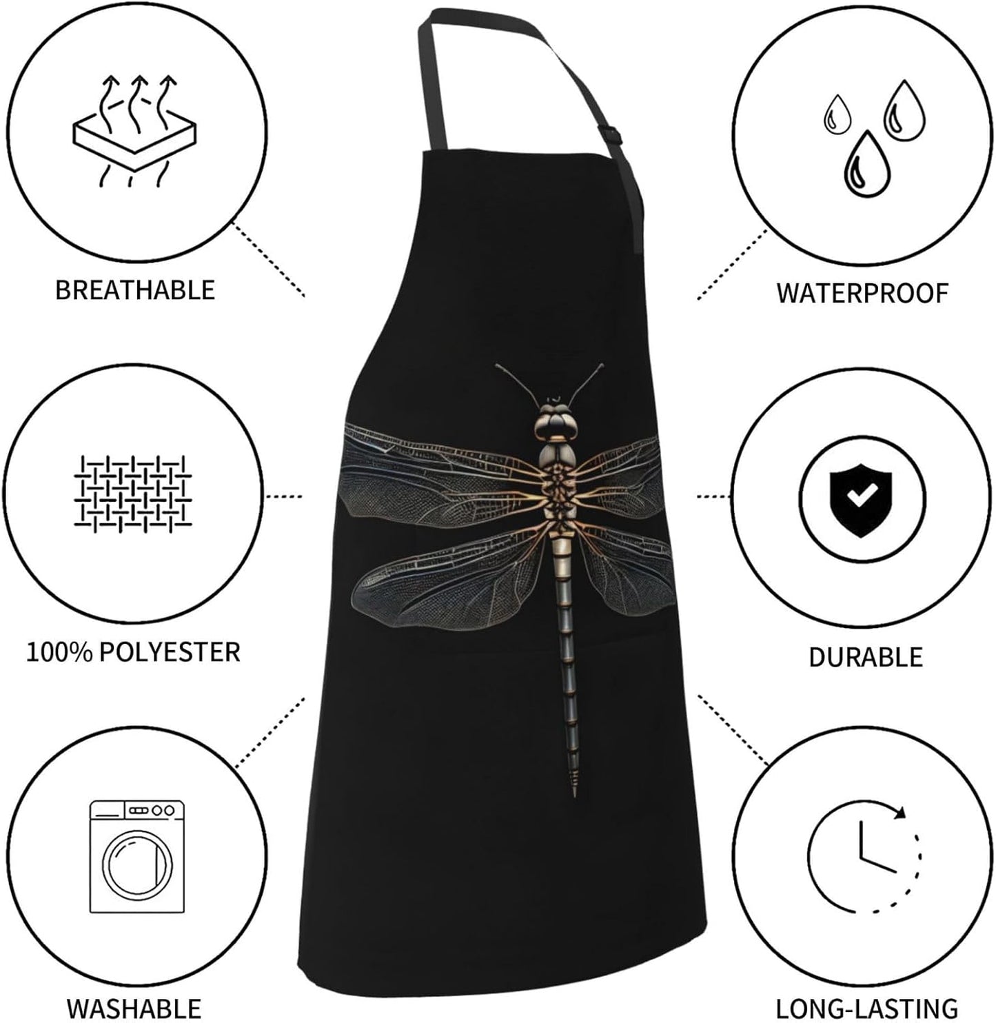 Dragonfly Black Print Laundry apron 28x33 In Waterproof Kitchen Apron with Pockets for Cooking Baking