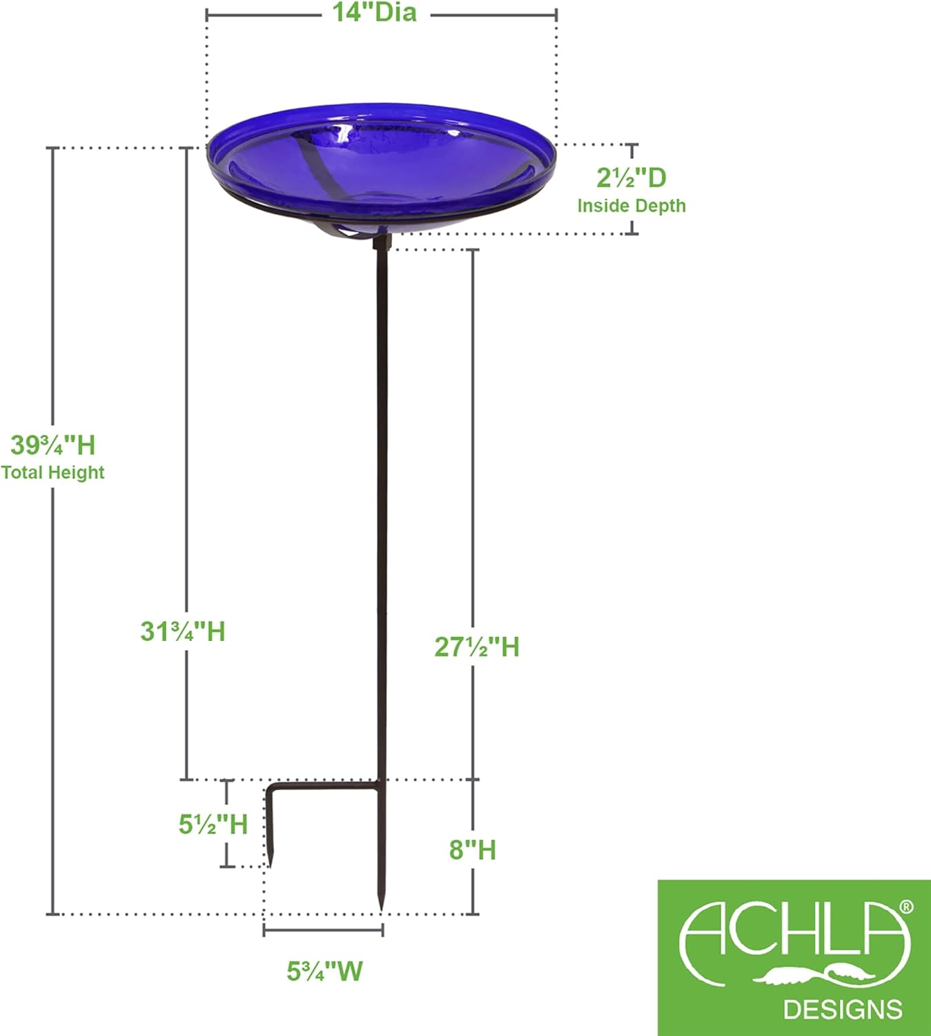 Achla Designs Crackle Glass Birdbath Bowl with Stake, 14-in, Cobalt Bl