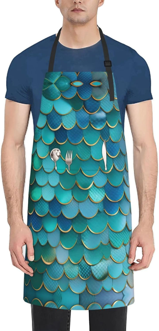 Mermaid Scale print Waterproof chef's apron with pocket apron for kitchen cooking baking barbecue and gardening