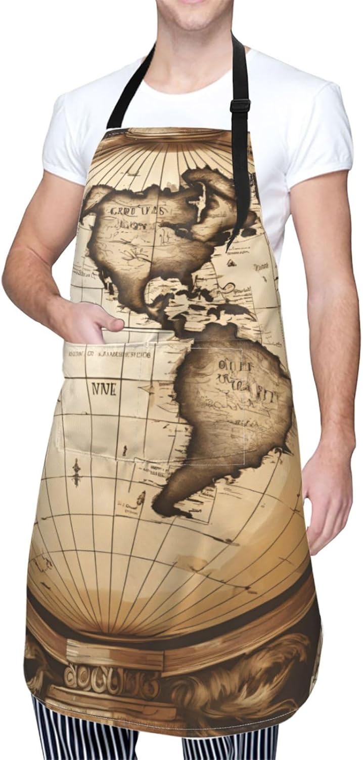 YANYU Ancient Map World Globe Print 28x33 In Kitchen Apron Stylish Chef Apron with Pockets for Cooking Baking Painting