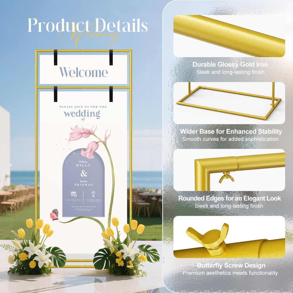 Gold Wedding Welcome Sign Stand 79"x32"x16" - Heavy Duty Metal Easel Display Holder with 2 Pairs of Leather Straps & Satin Ribbon for Wedding, Bridal Shower, Birthday Party, Baby Shower or Any Event