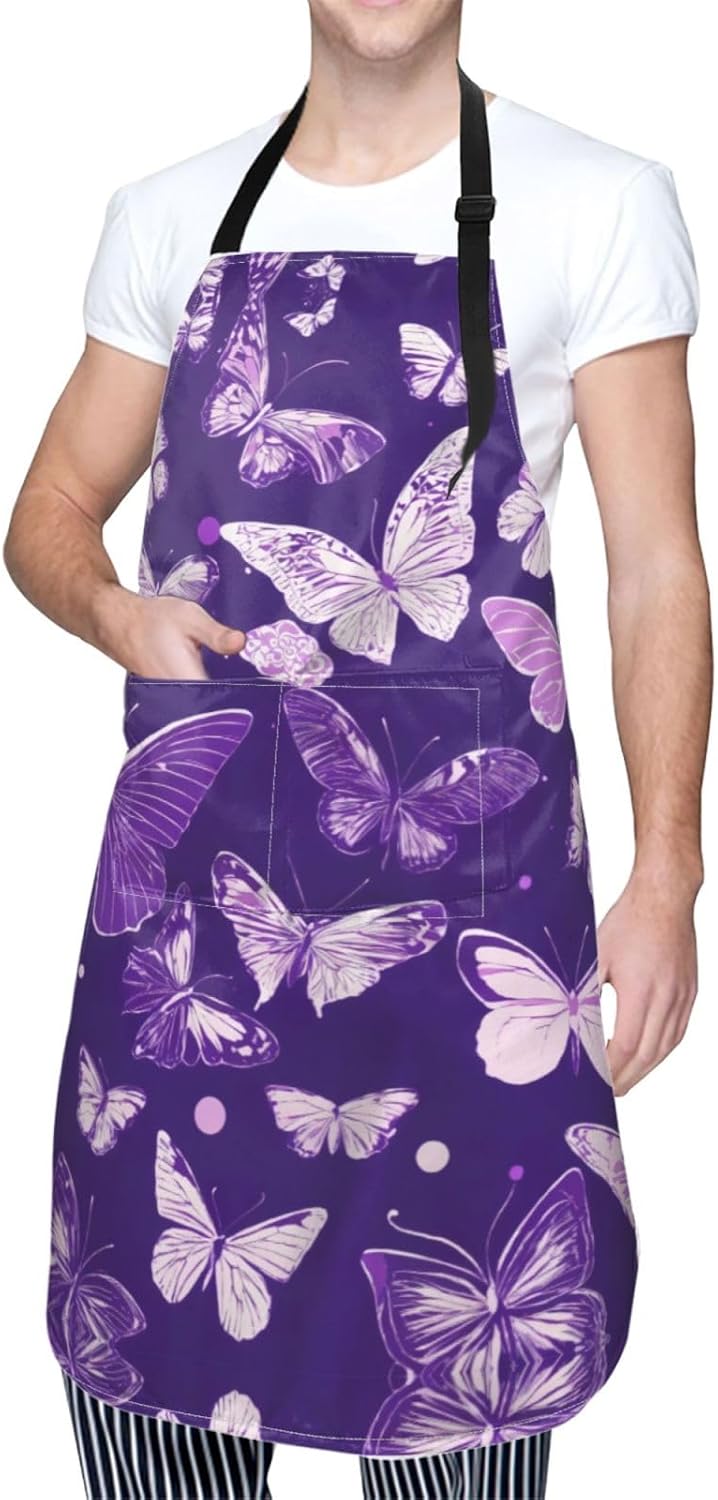 Purple Butterflies Floral print Waterproof chef's apron with pocket apron for kitchen cooking baking barbecue and gardening