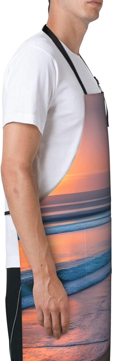 Sunset beach print Waterproof chef's apron with pocket apron for kitchen cooking baking barbecue and gardening