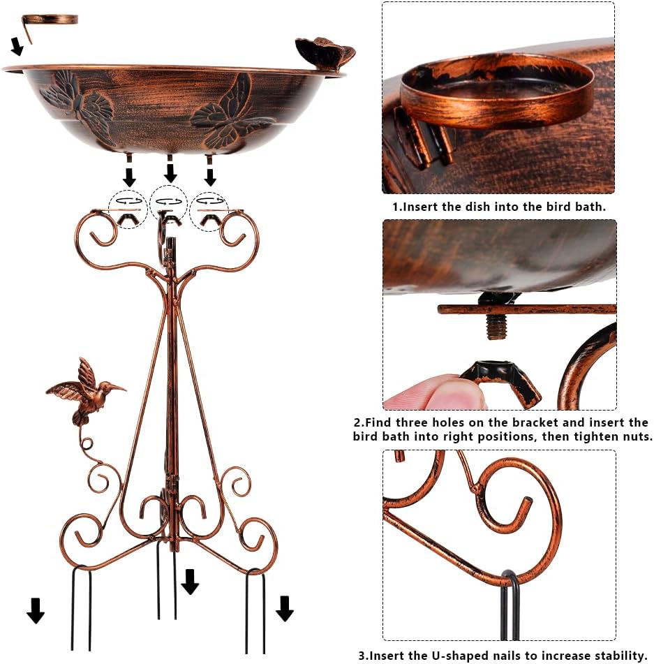 DREAMSOUL 13" Dia Bird Bath Stand with Folding Bracket, Vintage Copper Birdbath with Butterfly Pattern Metal Bird Bath for Outside
