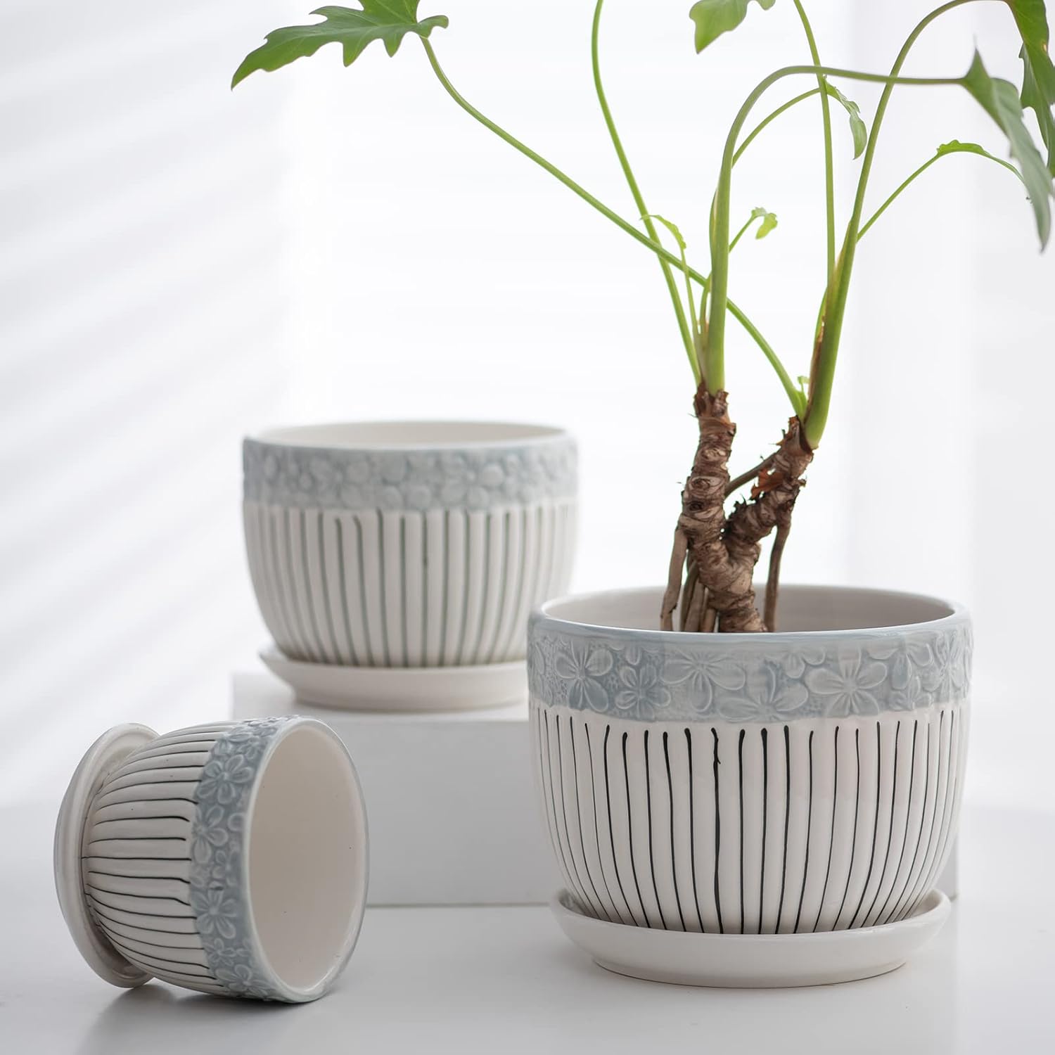 Ton Sin Grey Flower Pots,Texture Planter for Indoor Plants Set of 3 Ce