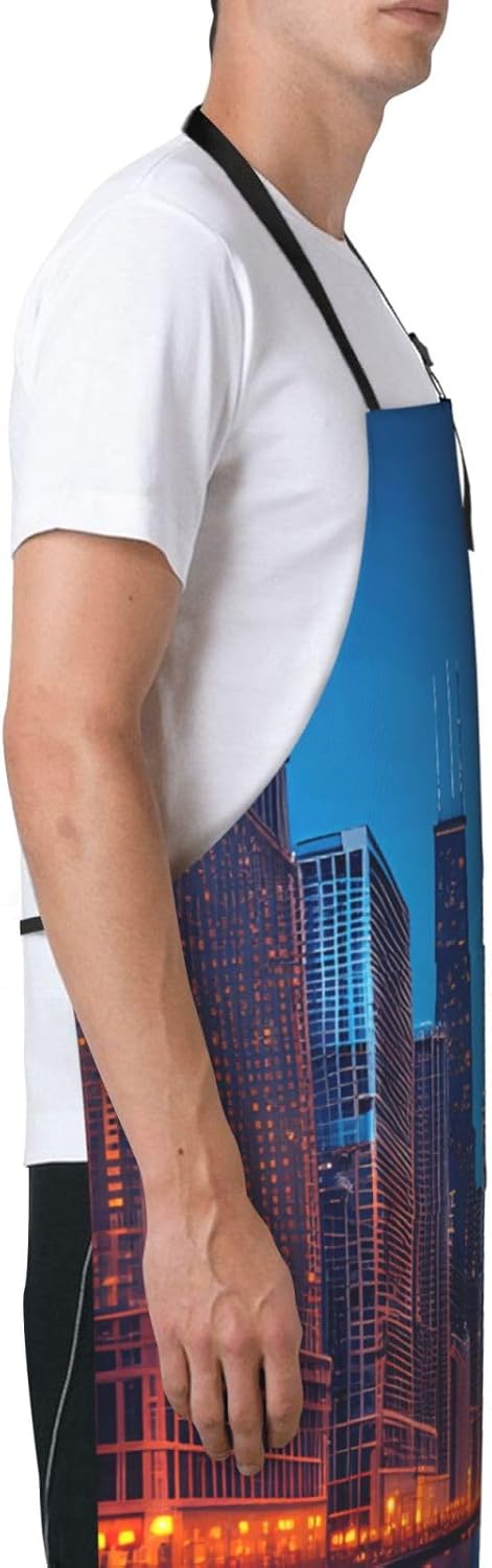 YANYU Chicago Night Print 28x33 In Kitchen Apron Stylish Chef Apron with Pockets for Cooking Baking Painting