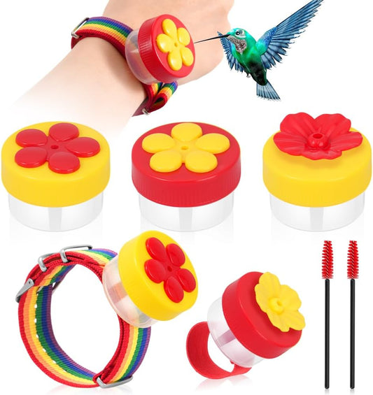 Hummingbird Wrist Feeder Set, Hummingbird Hand Feeders with Adjustable Strap & Cleaning Brush Mini Ring Feeders for Outdoor Supplies