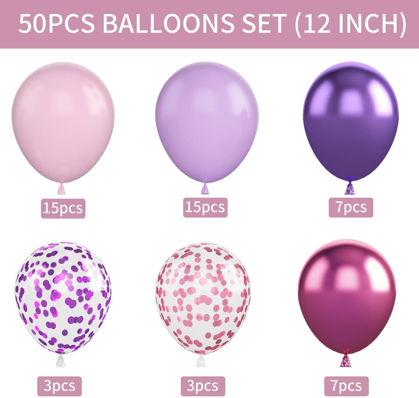 Pink and Purple Balloons, 50PCS 12 Inch Confetti Balloons, Metallic Pu