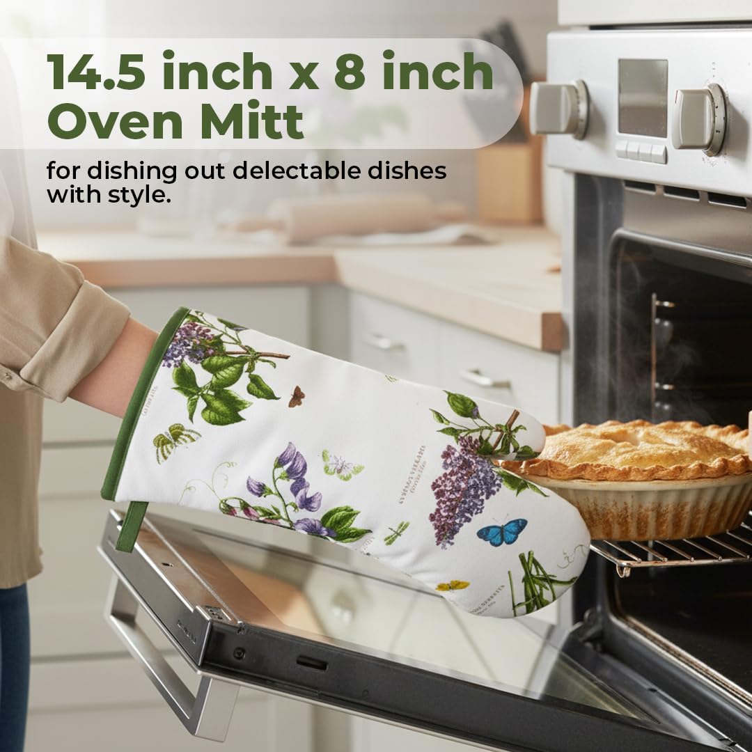 Pimpernel Botanic Garden 14.5" Gauntlet Oven Glove | Floral Motif | Cotton Textile Blend | Machine Washable | Ideal for Cooking, Grilling, and Baking