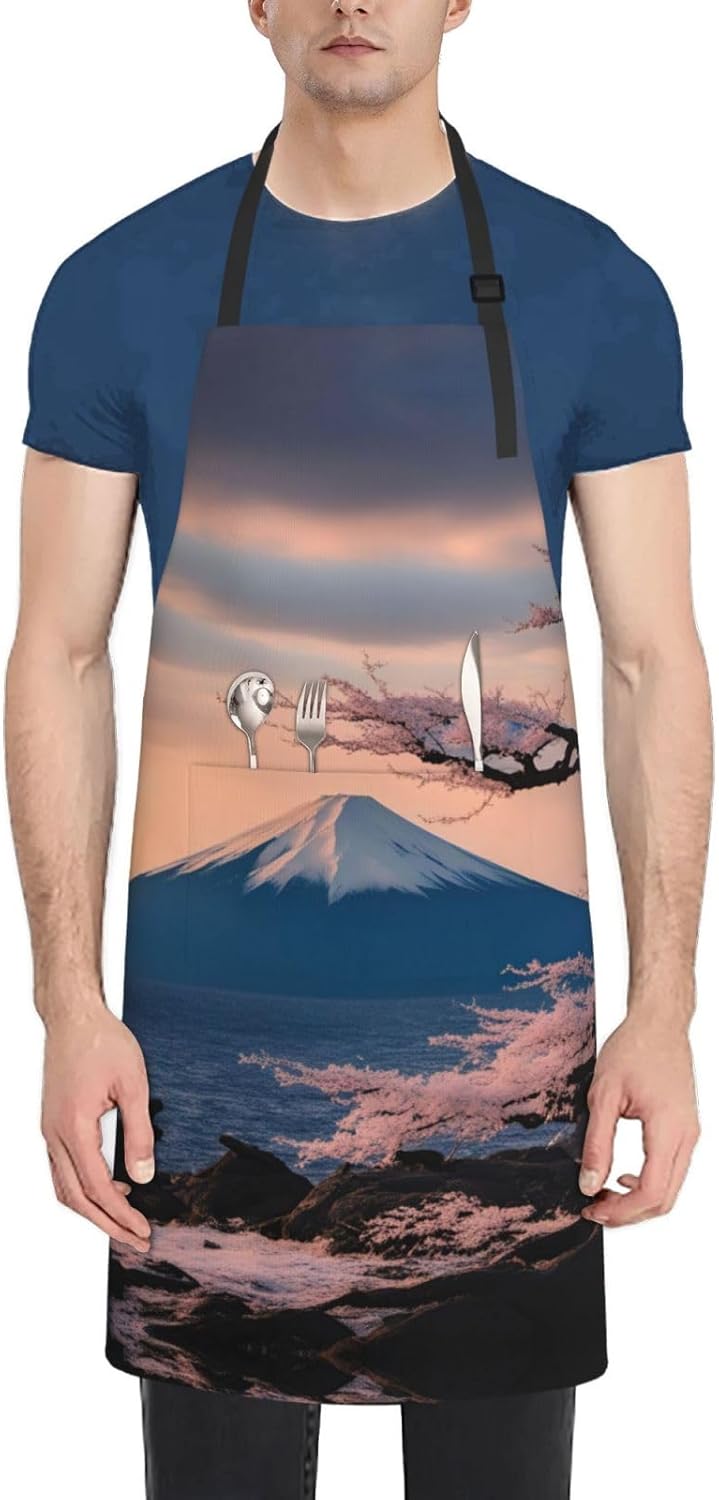 Japan Mount Fuji Landscape print Waterproof chef's apron with pocket apron for kitchen cooking baking barbecue and gardening
