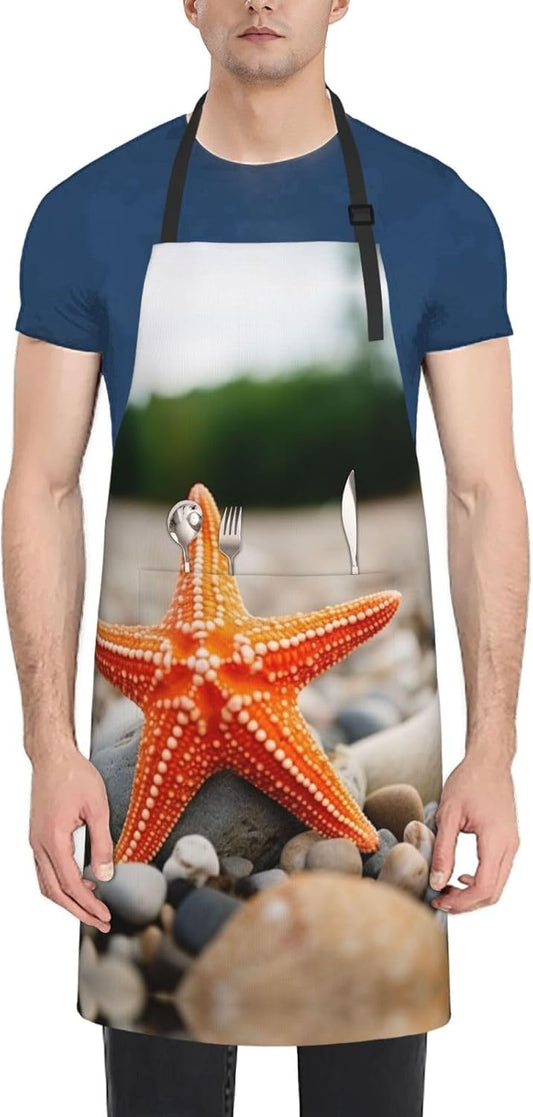 Starfish print Waterproof apron with pocket adjustable cooking apron for adult kitchen bibs to bake