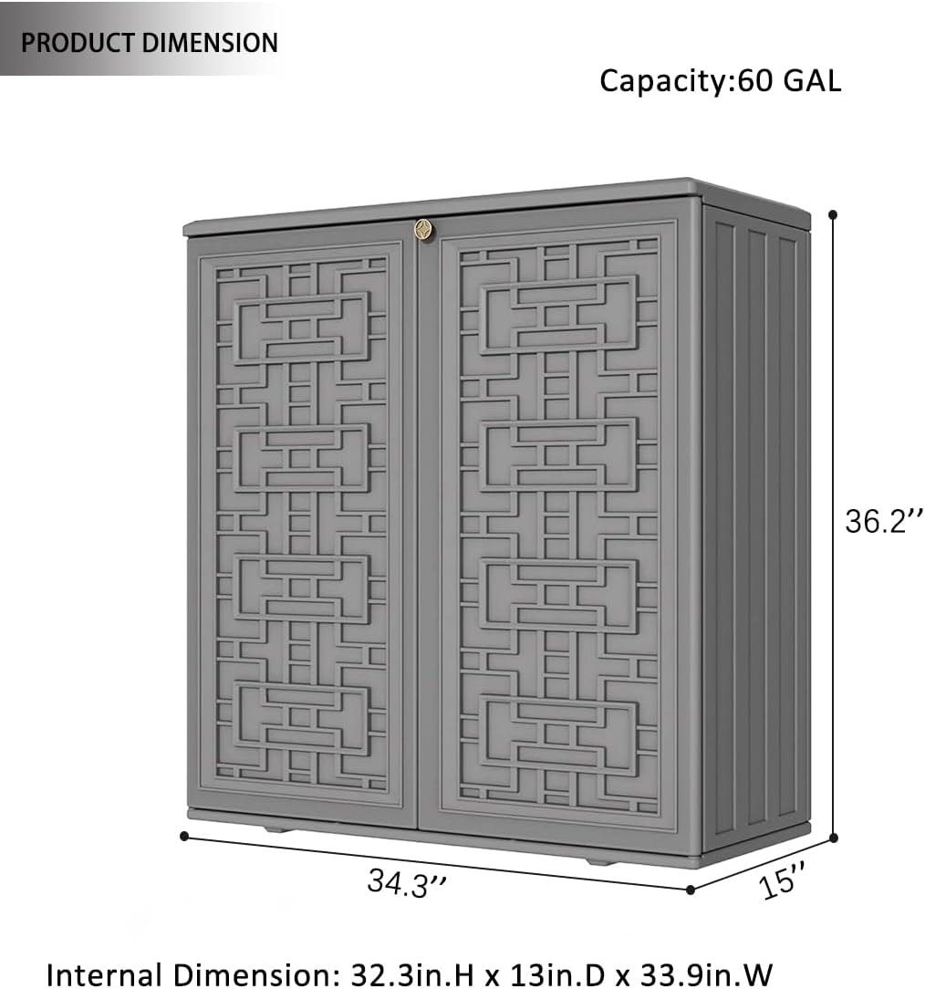 KINYING Outdoor Storage Cabinet Waterproof, Resin 62 Gallon Deck Box for Patio Furniture Cushions, Garden Tools, Pool Tools and Kids’ Toys (Grey with 1 Shelving)