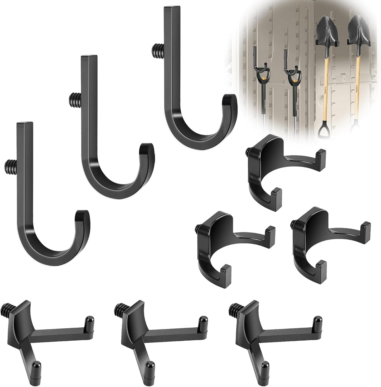 9 Pcs ABS Storage Shed Tool Hooks, Heavy Duty Shed Accessories & Hooks - Compatible with Suncast & Craftsman Sheds, Black J/U/V Shape for Organizing Ladders, Hoses & Garden Tools in Outdoor Sheds.