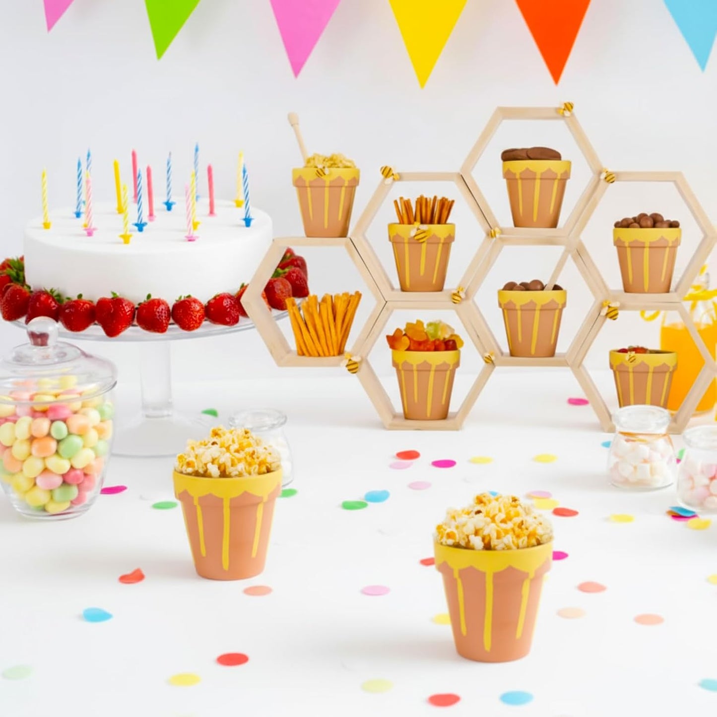 12 Set Ceramic Mini Honey Bee Pots with Honeycomb Stand Dippers Bee Charms Cupcake Planter Hexagon Display Holder Honey Party Favors for Baby Shower Guests Wedding Birthday Party Decor
