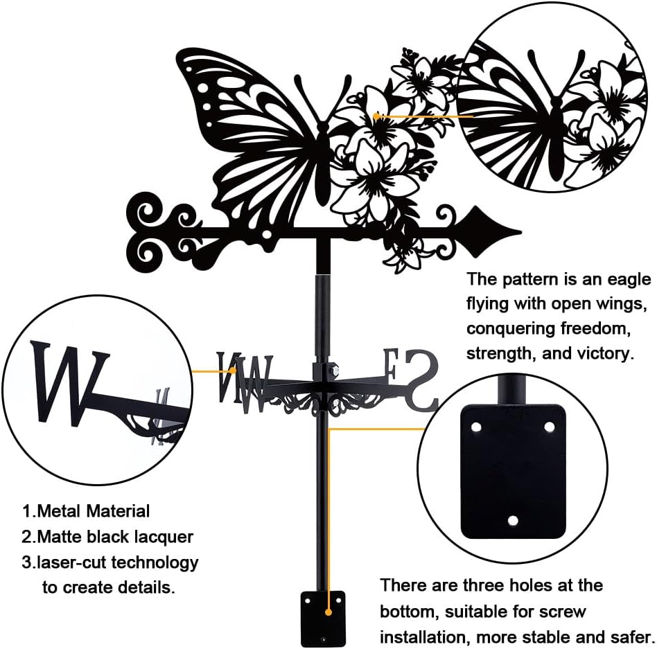 SUPERDANT Butterfly Weathervane Flowers Weather Vane for Yard Metal Wind Vanes Roof Mount for Outside Garden Black Weathervanes Farmhouse Farm Barn Sheds Patio Outdoor Decorations Gifts
