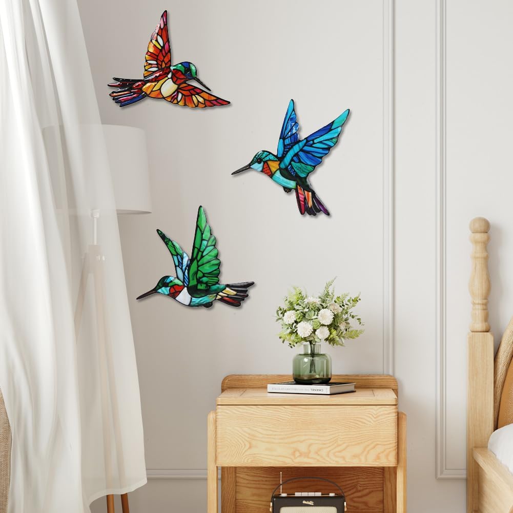 VEWOSTAR 3 Pcs Metal Hummingbird Wall Art, Indoor Outdoor Hanging Sculpture, Holiday Theme Garden Decor,Metal Bird Wall Decor for Modern Farmhouse Rustic Home